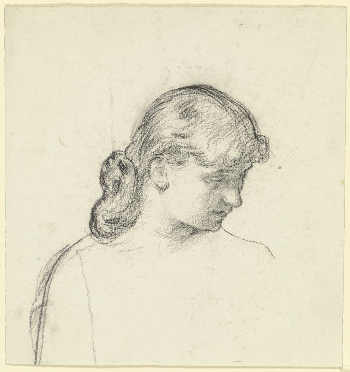 Hoofd van de vrouw die naast de stoel staat, uit het schilderij „Voorbereiding op het gekostumeerde bal“ door Otto Scholderer