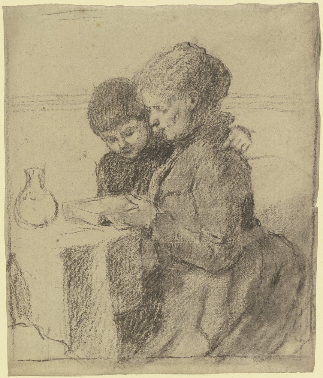 Luise Scholderer leest samen met haar zoon Victor in een boek door Otto Scholderer