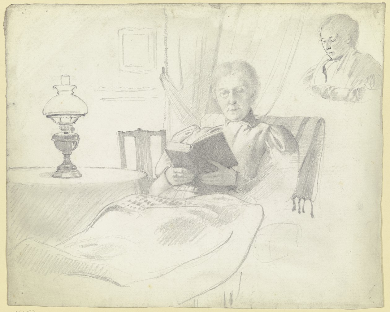 Luise Scholderer lezend met tafel en lamp, borstbeeld van een vrouwelijke figuur op de achtergrond door Otto Scholderer