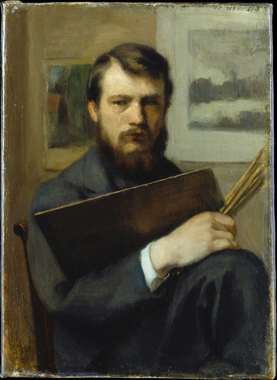 Zelfportret met palet en penselen door Otto Scholderer