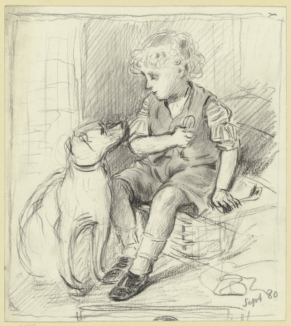 Zittende jongen met zittende hond door Otto Scholderer