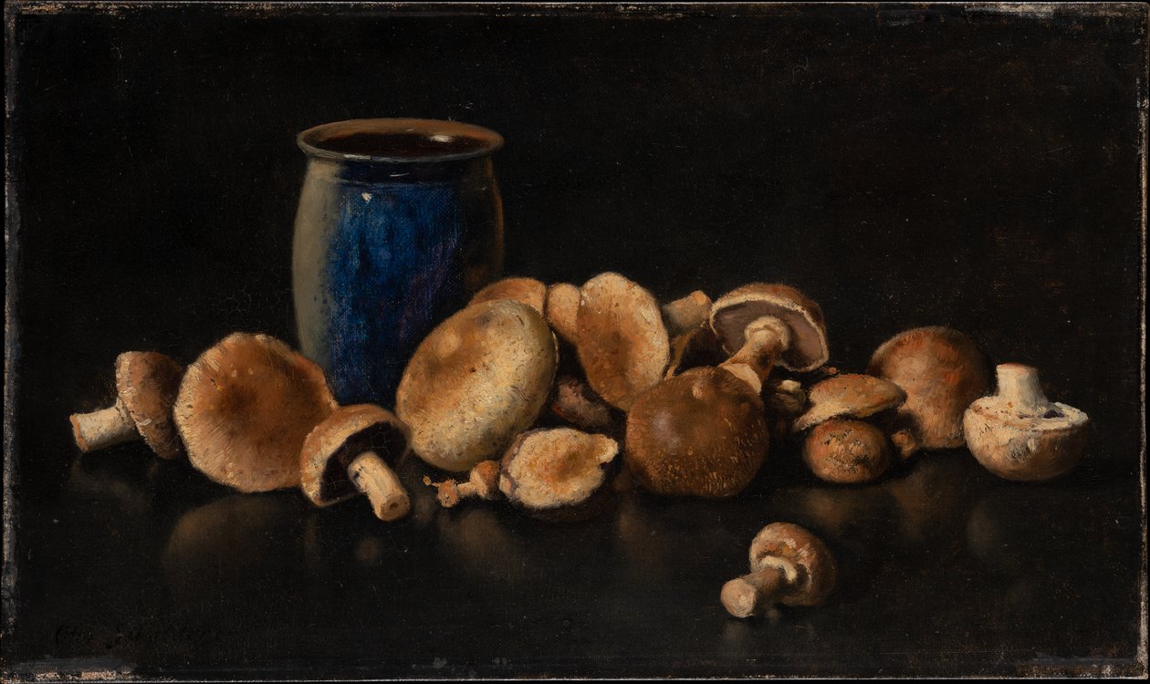 Stilleven met blauwe vaas en paddenstoelen door Otto Scholderer