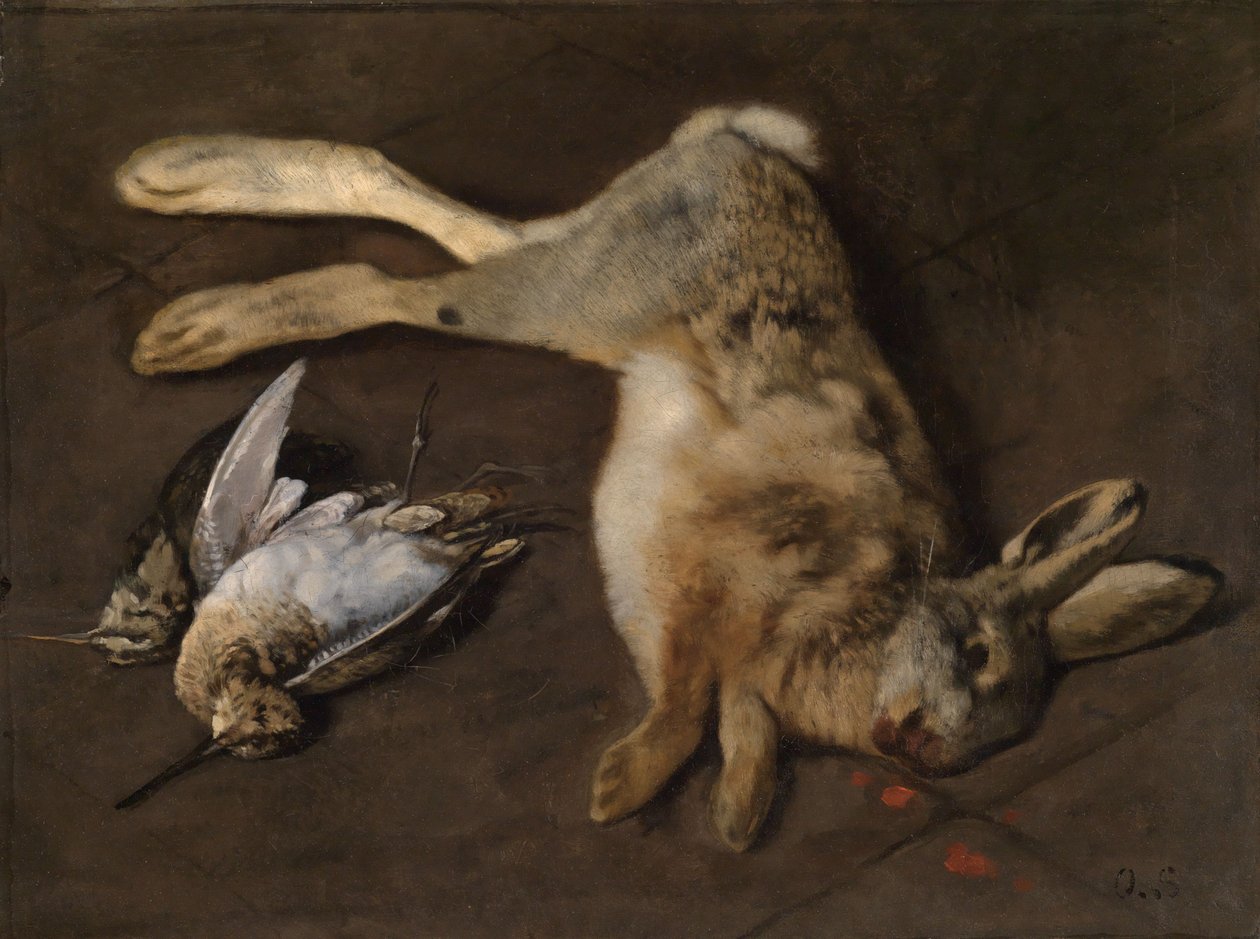 Stilleven met houtsnippen en een haas door Otto Scholderer