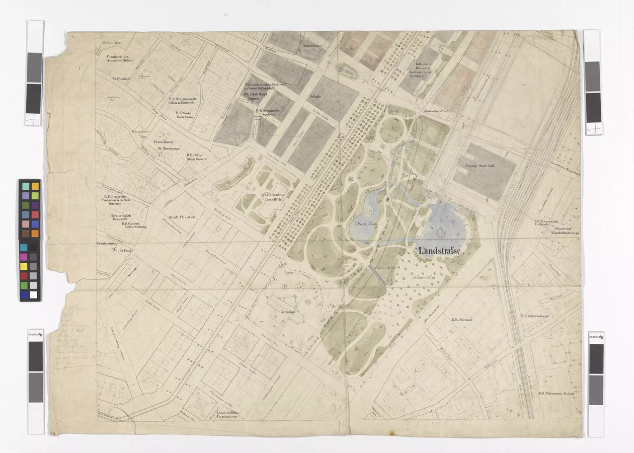 Algemeen reguleringsplan: kaartbladuitsnede van het oostelijke deel van de Binnenstad en de Ringstraße, stadspark en centrale markthal door Otto Wagner