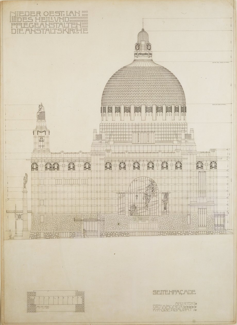 Schets voor de kerk van Steinhof, het centrale ziekenhuis voor geesteszieken in Wenen ... door Otto Wagner