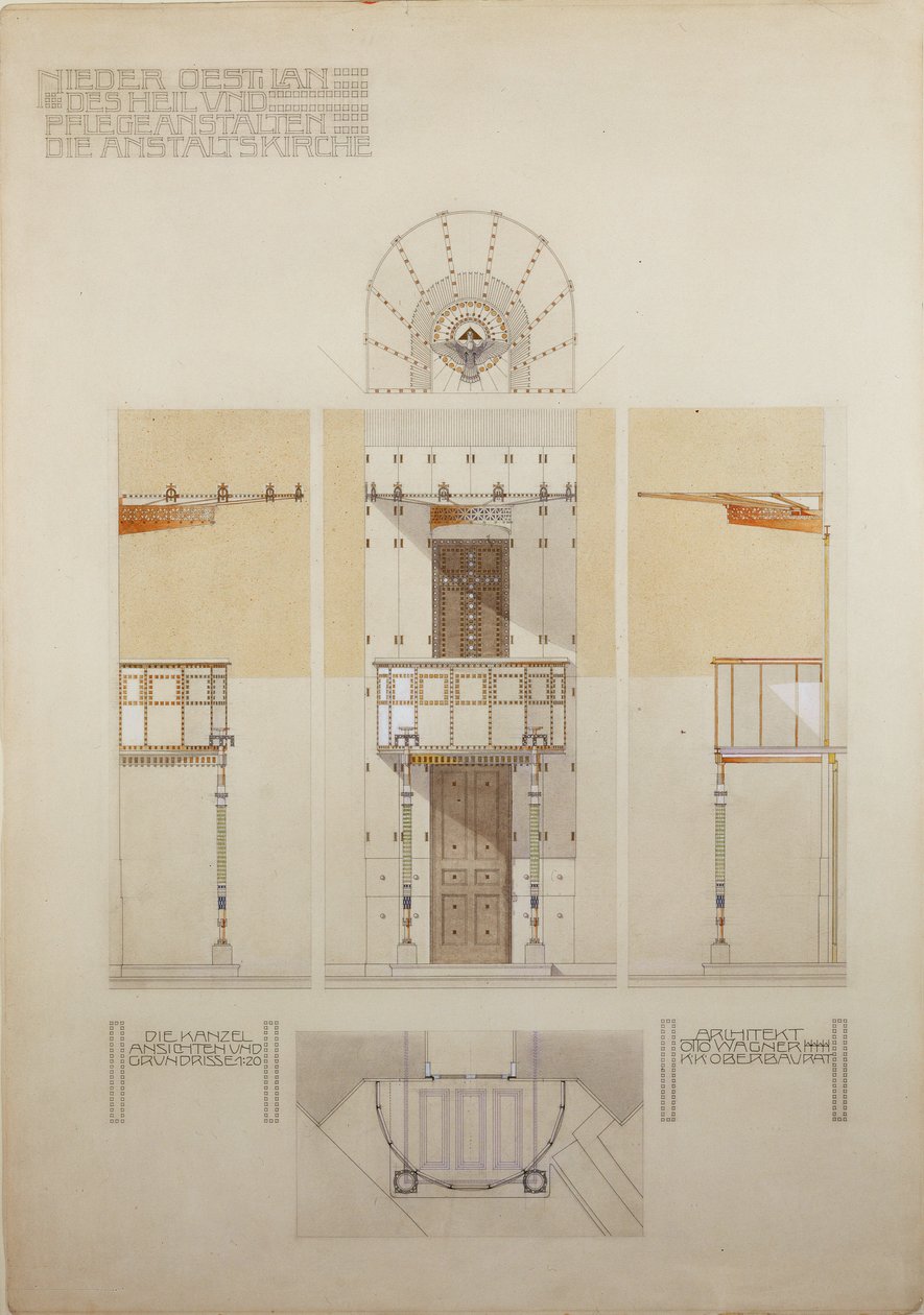 Schets voor de preekstoel van de kerk van Steinhof, het centrale ziekenhuis voor geesteszieken in Wenen ... door Otto Wagner