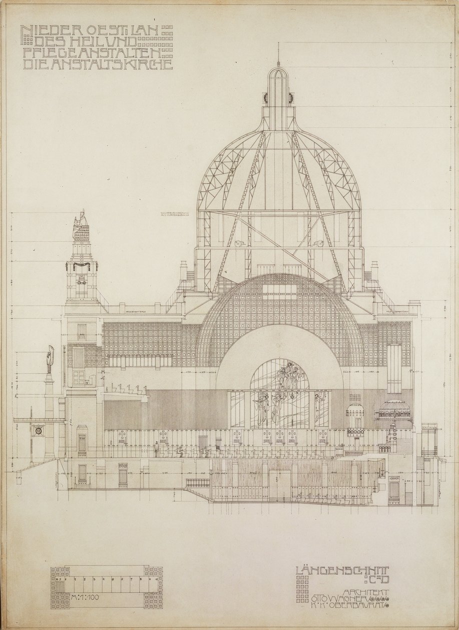 Verticale projectie van de kerk van Steinhof, het centrale ziekenhuis voor geesteszieken in Wenen ... door Otto Wagner