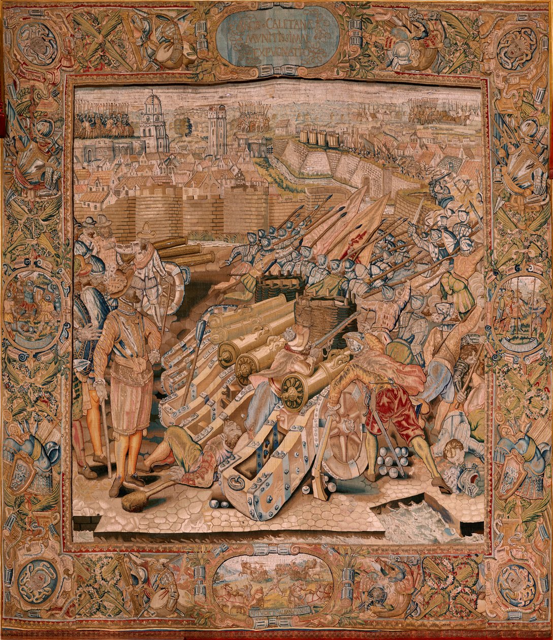 Vlaamse wandtapijt. Serie Triomfen en veldslagen van Aartshertog Albert. Aanval op de stad Calais. Tweede wandtapijt in de serie. Model Otto van Veen en Hans I Snellinck. Manufacture Martin Reynbouts, Brussel door Otto van Veen