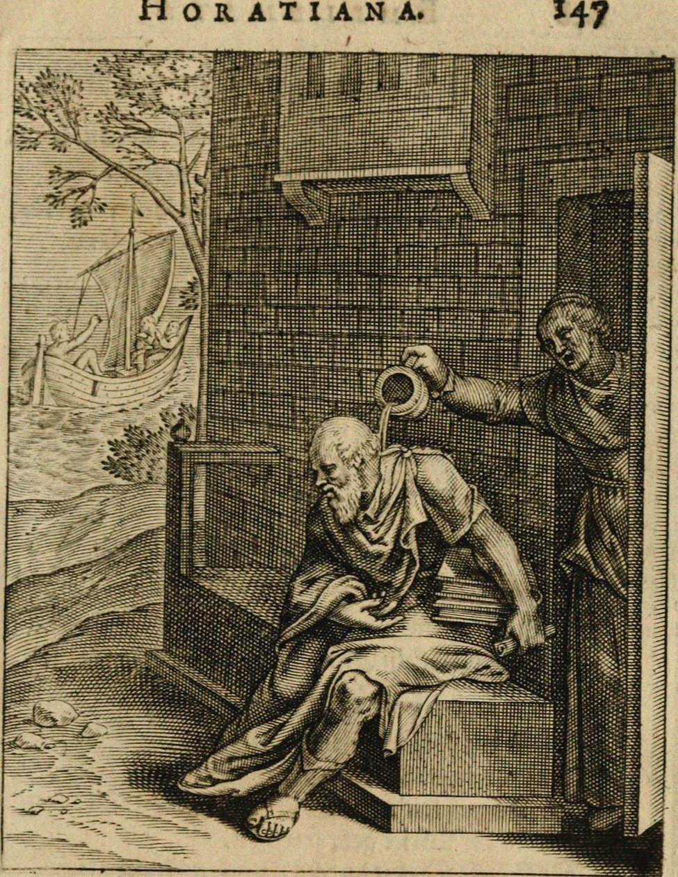 Xanthippe die een kamerpot over Socrates leegt. Uit Emblemata Horatiana, 1607 door Otto van Veen