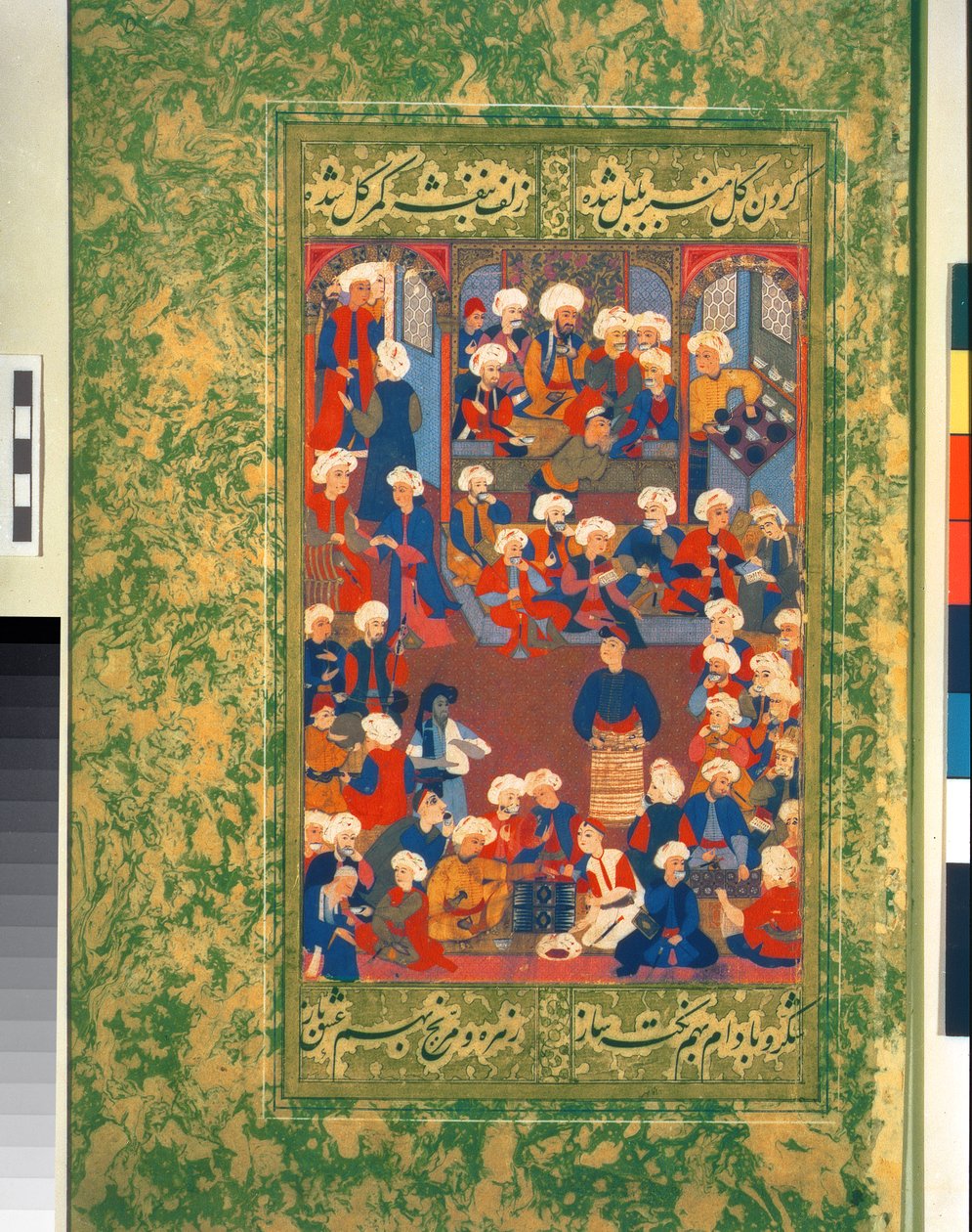 Ms 439 f.9r Banketscène met mannen die koffie drinken, eregasten die in een nis zitten, vermaakt door drie muzikanten, terwijl een oude man ziek wordt, uit een album van schilderijen en kalligrafie door Ottoman School