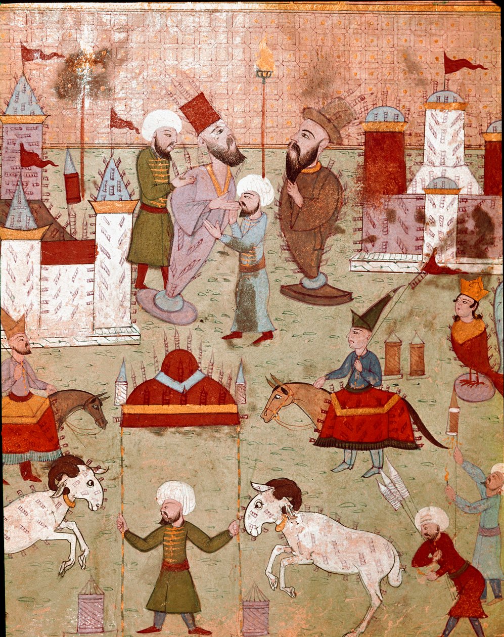 Festiviteiten georganiseerd ter gelegenheid van de besnijdenis van de zoon van de Ottomaanse sultan Murad II, voorbereiding van vuurwerk. Miniatuur uit de 16e eeuw. Istanboel, Topkapi Sarayi Museum Bibliotheek door Ottoman School