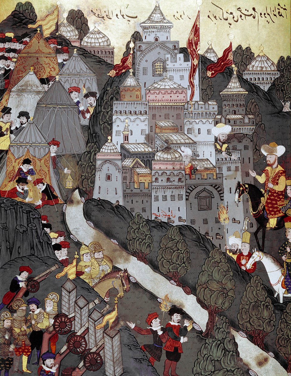 Ottomaanse Rijk: Sultan Bayezid I (Bajazet) (1360-1402) keert als overwinnaar terug naar de stad Nicopolis na de slag van dezelfde naam op 25/09/1396. 16e-eeuwse miniatuur. Istanboel, Topkapi Sarayi Museum Bibliotheek door Ottoman School