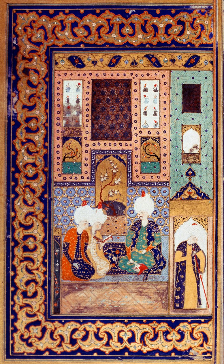 Ottomaanse Rijk: voorstelling van Sultan Selim I genaamd de Verschrikkelijke (1470-1520) vergezeld door twee van zijn onderdanen. Miniatuur uit de 