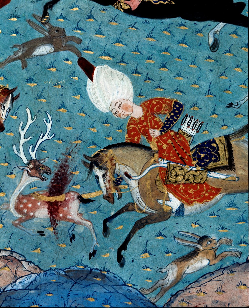 Voorstelling van de hovelingen van Sultan Murad II (Murat) (1404-1451) die herten en hazen jagen. Detail (detail). 17e-eeuwse miniatuur. Istanboel, Topkapi Sarayi Museum Bibliotheek door Ottoman School
