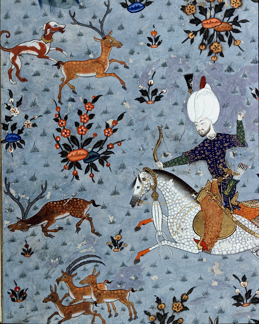 Voorstelling van de hovelingen van Sultan Murad II op hertenjacht (detail) door Ottoman School