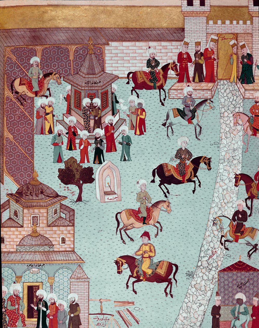 Zicht op de kerk van St. Irene, de poort van het Serail en het paleis van de sultans in Constantinopel door Ottoman School