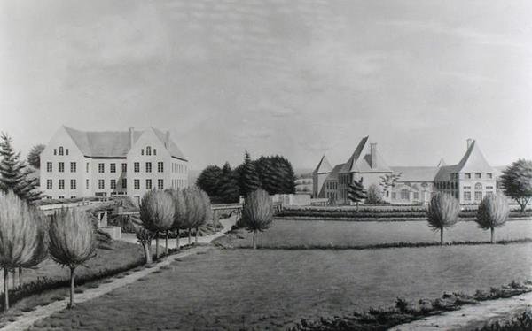 Uitzicht op de Twee Molens van Angecourt, opgericht in 1812 door Baron Neuflize door P. Dujardin