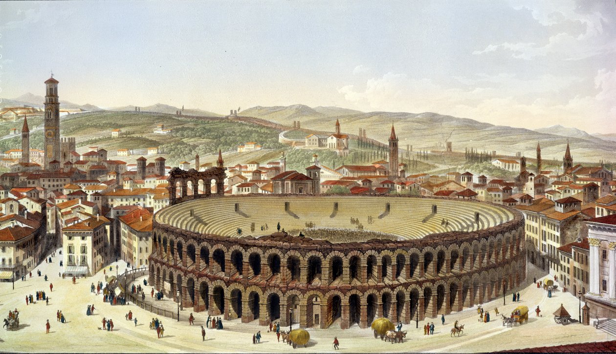 Uitzicht op het Romeinse amfitheater, Verona, gegraveerd door L. Cherbuin (detail) door P. Majocchi