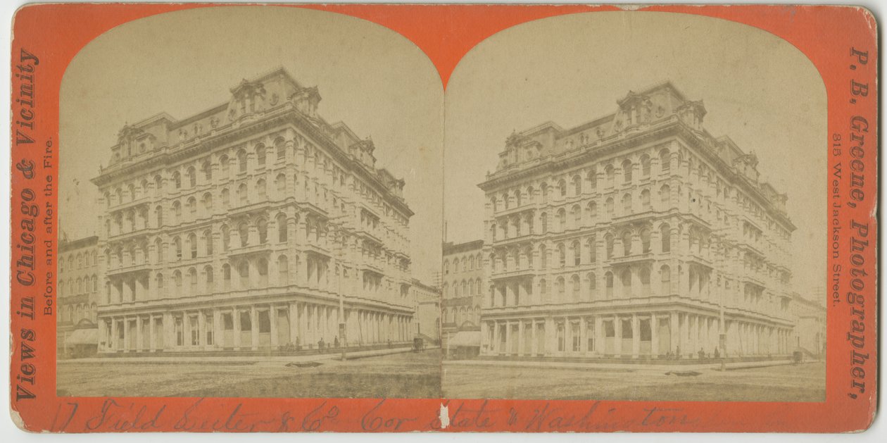 Field, Leiter & Company winkel op de hoek van State en Washington Streets, Chicago, ca. 1869 door P.B. Greene