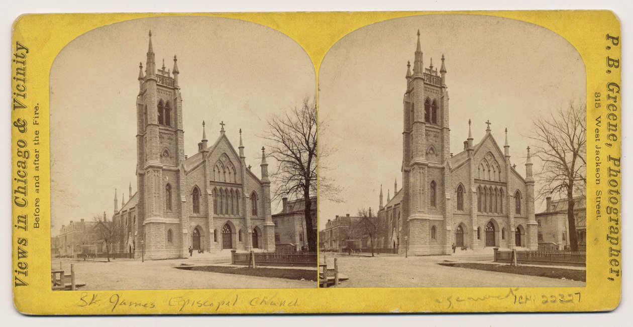 Stereofoto van de St. James Episcopal Church voor de brand van Chicago in 1871, 1871 door P.B. Greene
