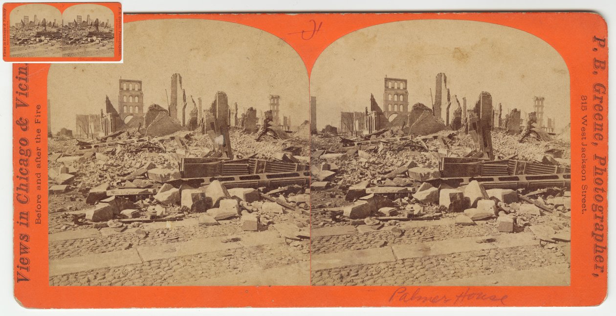 Stereograaf van het Palmer House na de Chicago-brand van 1871, 1871 door P.B. Greene