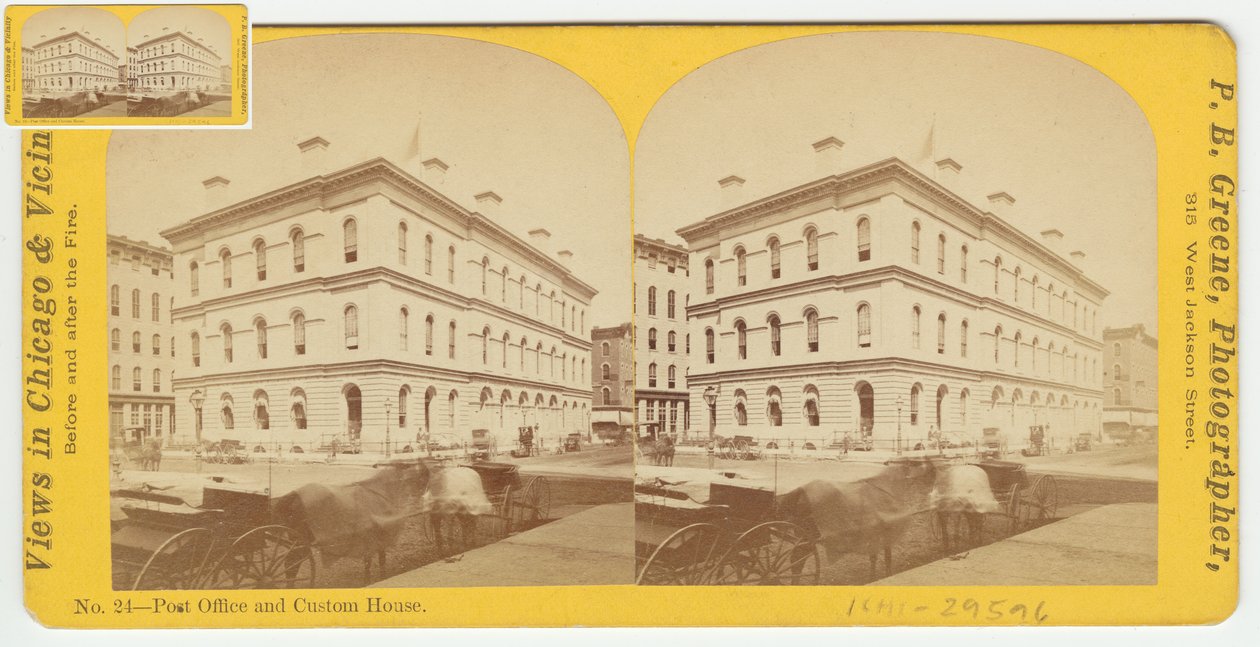 Stereograaf van het Postkantoor en Douanehuis voor de Chicago-brand van 1871, 1871 door P.B. Greene