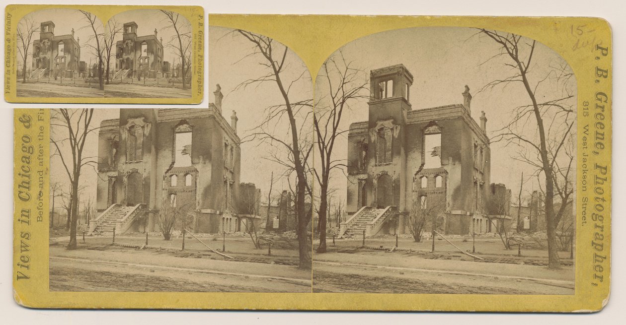 Stereograaf van het Rumsey House na de Chicago-brand van 1871, 1871 door P.B. Greene