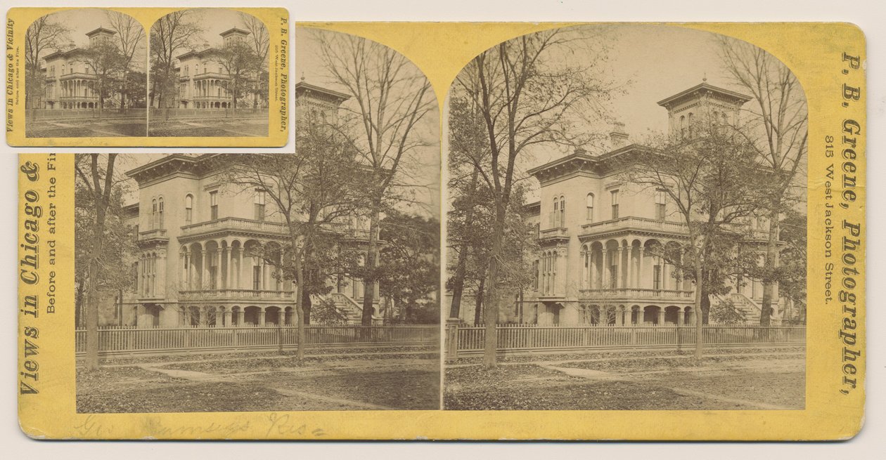 Stereograaf van het Rumsey House voor de Chicago-brand van 1871, 1871 door P.B. Greene