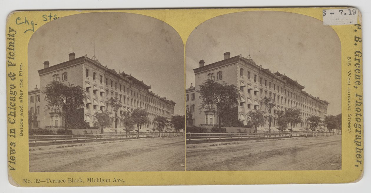 Stereograaf uitzicht op Terrace Block aan Michigan Avenue voor de brand van Chicago in 1871 door P.B. Greene