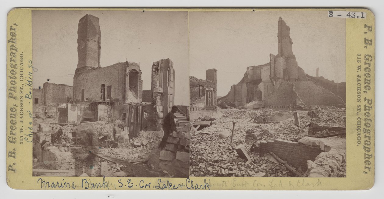 Uitzichten op de Marine Bank na de brand van Chicago in 1871 door P.B. Greene