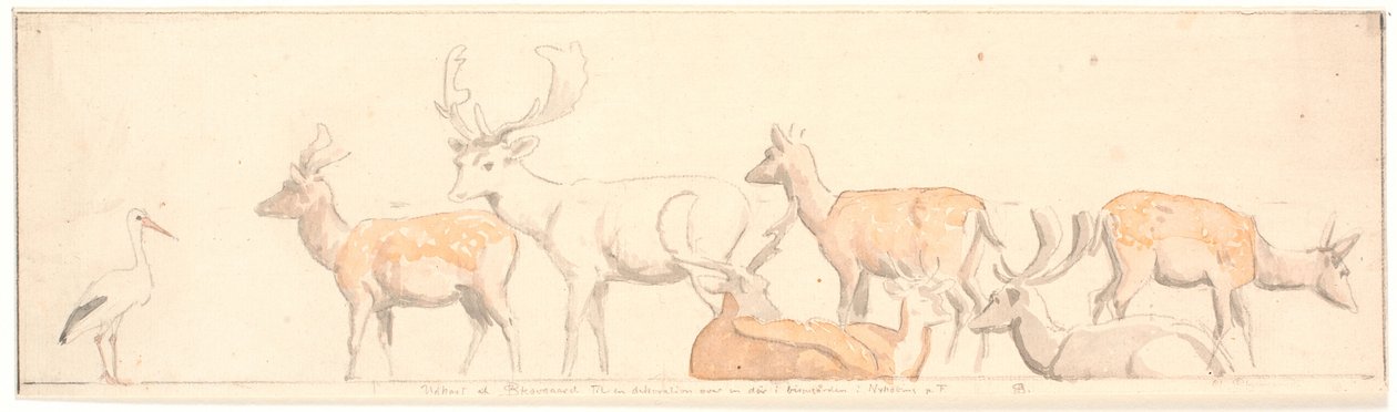 Een roedel herten en een ooievaar door P.C. Skovgaard