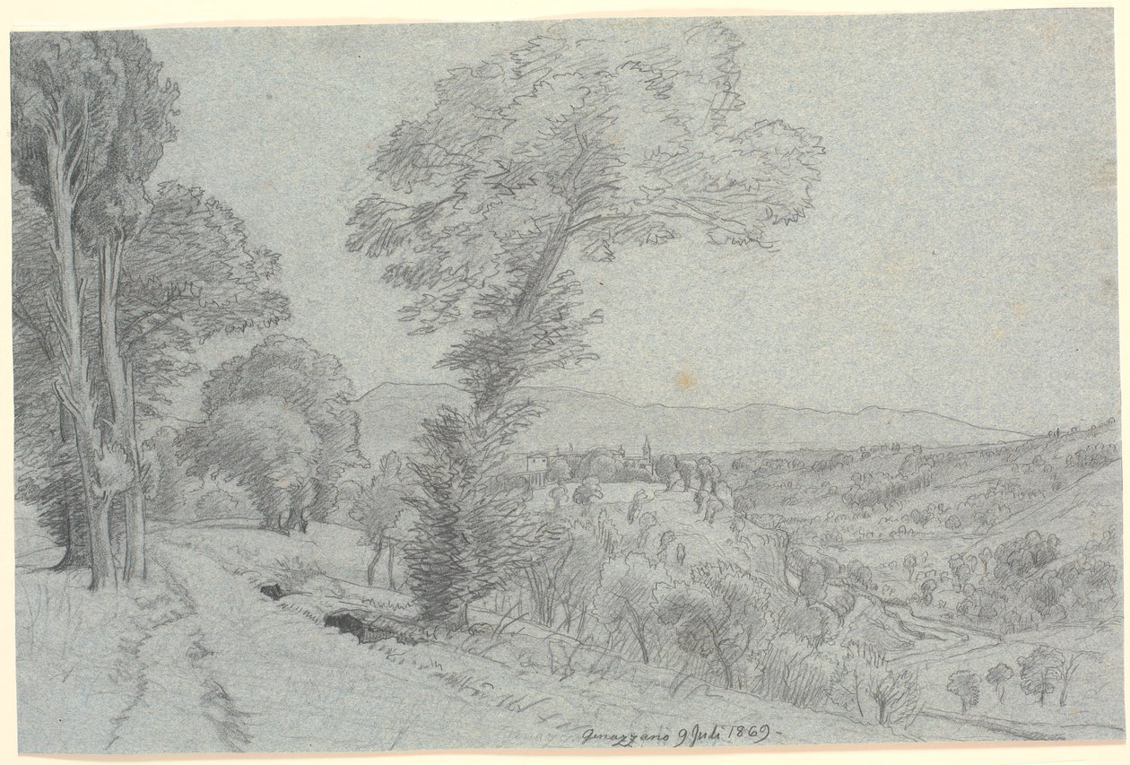 Italiaans berglandschap met uitzicht op "Genazzano 9 juli 1869" door P.C. Skovgaard
