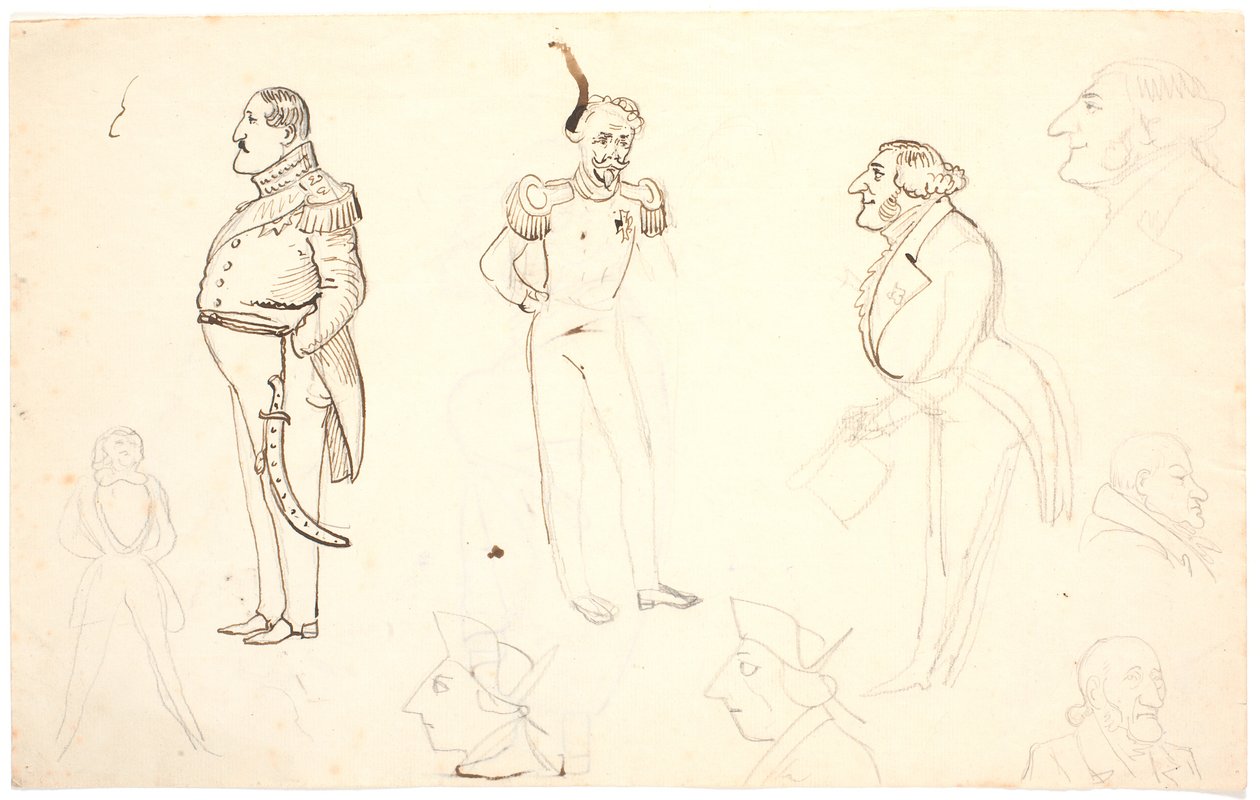 Karikatuur van Frederik VII en anderen, waaronder Grundtvig, waarschijnlijk Orla Lehmann en anderen door P.C. Skovgaard