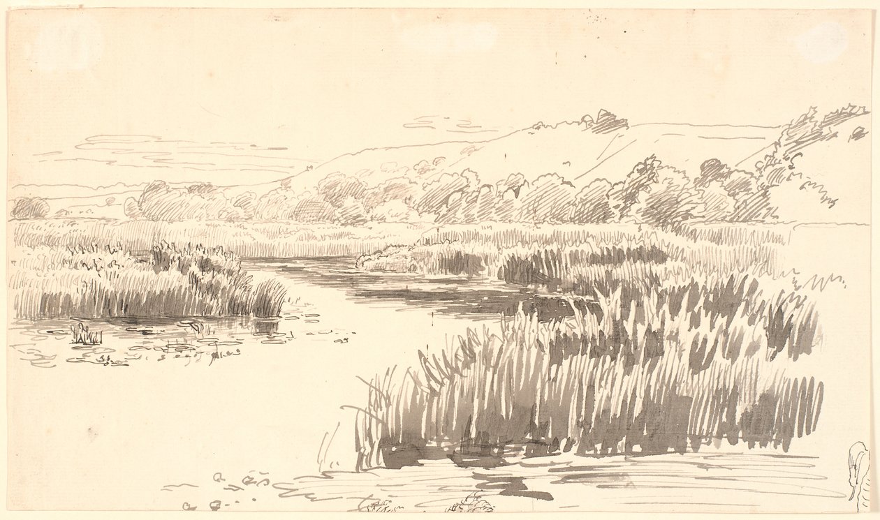 Landschap met een rivier langs de oever waar hoge riet groeit. Heuvels op de achtergrond. Vermoedelijk Vejle door P.C. Skovgaard