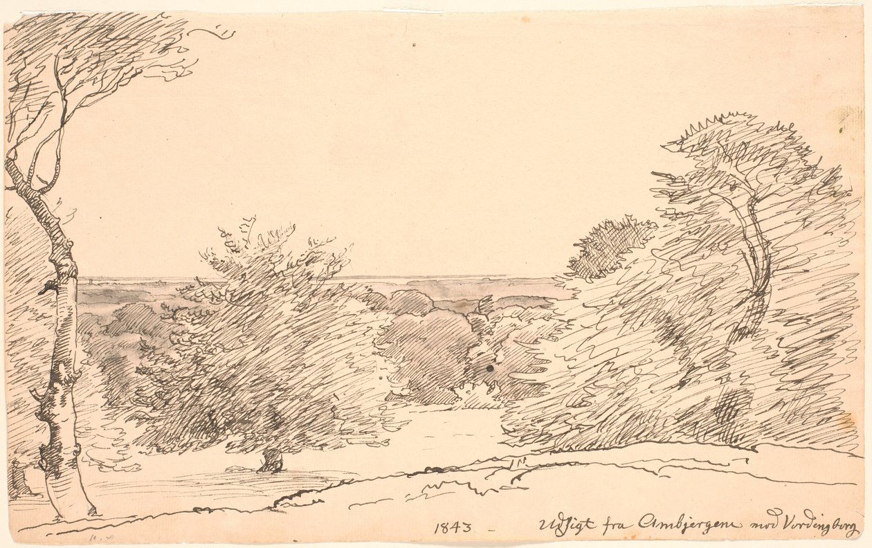 Landschap met Bomen en Wijd Uitzicht vanaf de Ambjergene naar Vordingborg door P.C. Skovgaard