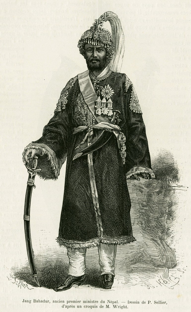 Jang Bahadur (1816-1877), premier van Nepal. Gravure door P.Sellier ter illustratie van het verhaal Voyage au Nepal, door Dr. Gustave Le Bon (1841-1931), in le tour du monde 1886, geregisseerd door Edouard Charton (1807-1890), Hachette, Parijs. door P. (after) Sellier