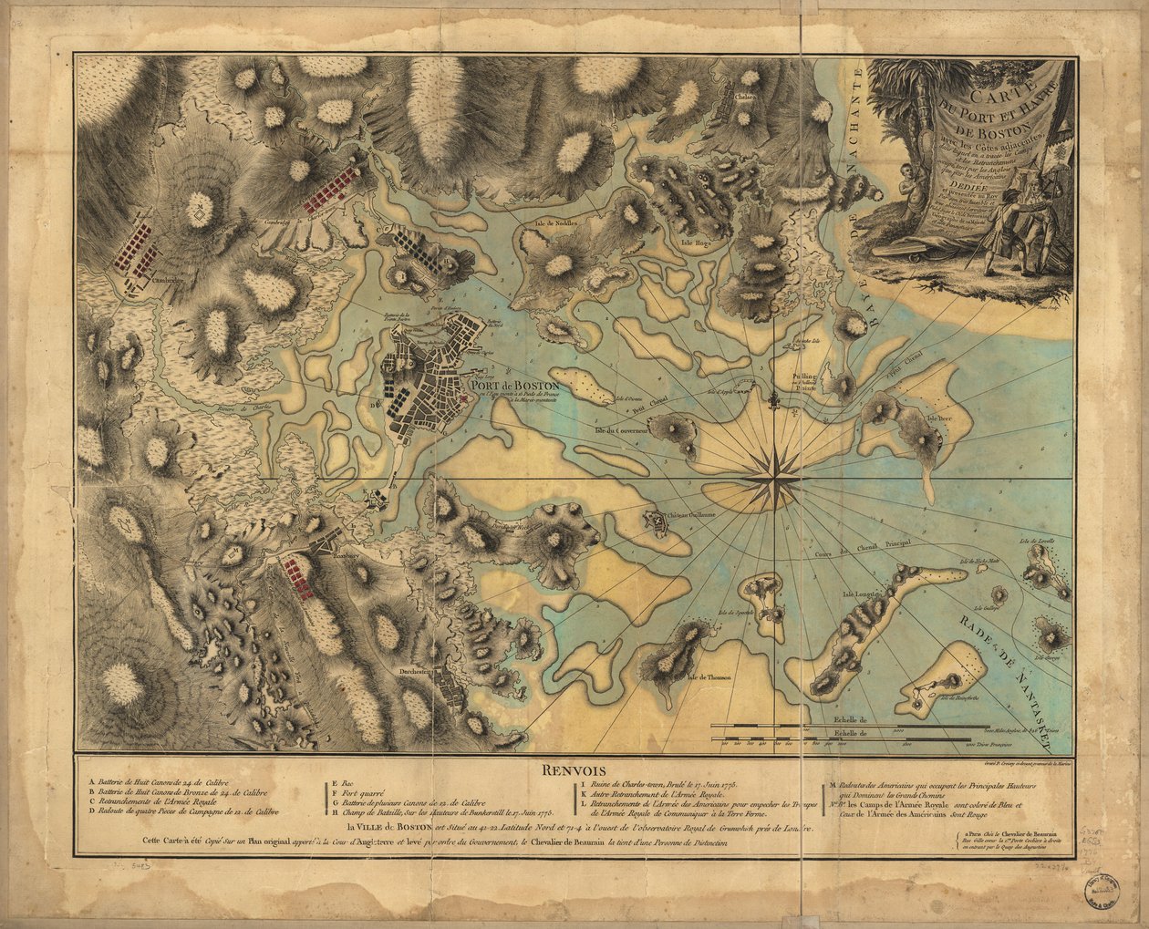 22.000. Handgekleurde. Reliëf getoond door hachures. Diepten getoond door peilingen. Deze kaart is gekopieerd van een origineel plan gebracht naar het hof van Engeland... Toont locatie van Britse en Amerikaanse troepen. Geïndexeerd voor bezienswaardigheden door P. Beaurain; Croisey