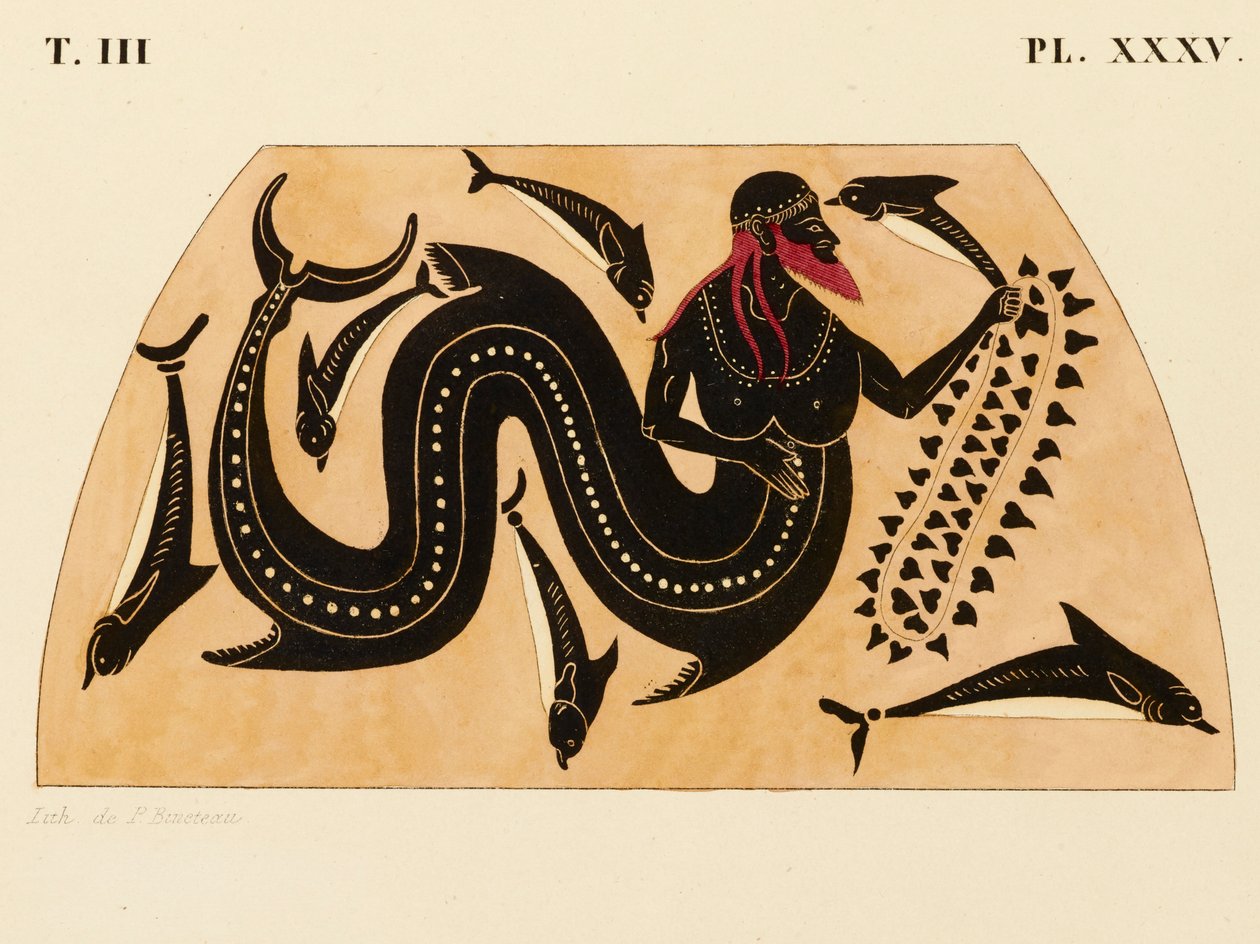 Afbeelding van de decoratie op een Griekse amphora, met Poseidon vergezeld door dolfijnen, ca. 1858 door P. Bineteau