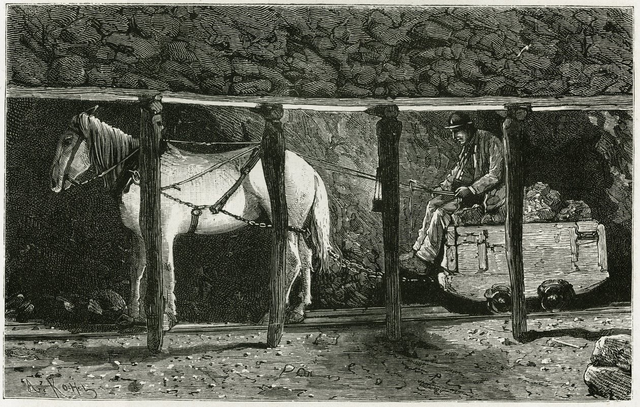 Interieur van een galerij met berlaine. Gravure door Ferat, ter illustratie van het verhaal "België", door Camille Lemonnier (1844-1913) Belgische schrijver. Gepubliceerd in Le Tour du monde, nouveau journal des voyages, 2e semester 1884, uitgegeven door E door P. Ferat