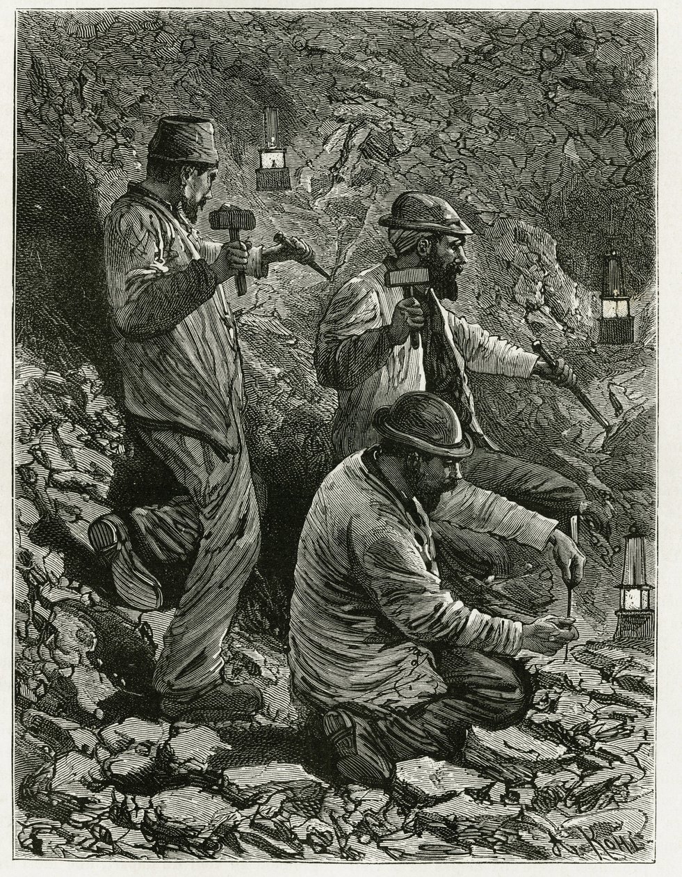 Mijnwerkers die kolen winnen in de ader. Gravure door Ferat, ter illustratie van het verhaal 