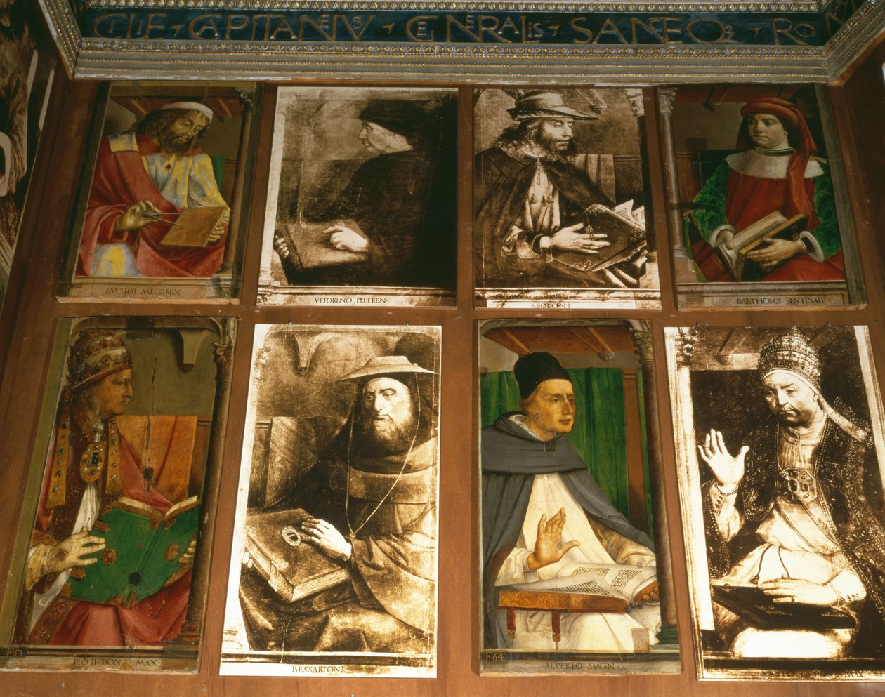 De studie van Federigo da Montefeltro, Hertog van Urbino, met Euclides van Megara, Griekse filosoof (450-374 v.Chr.); Vittorino da Feltre, Italiaanse opvoeder (1378-1446); Solon, Atheense wetgever door P. Joos van Gent and Berruguete