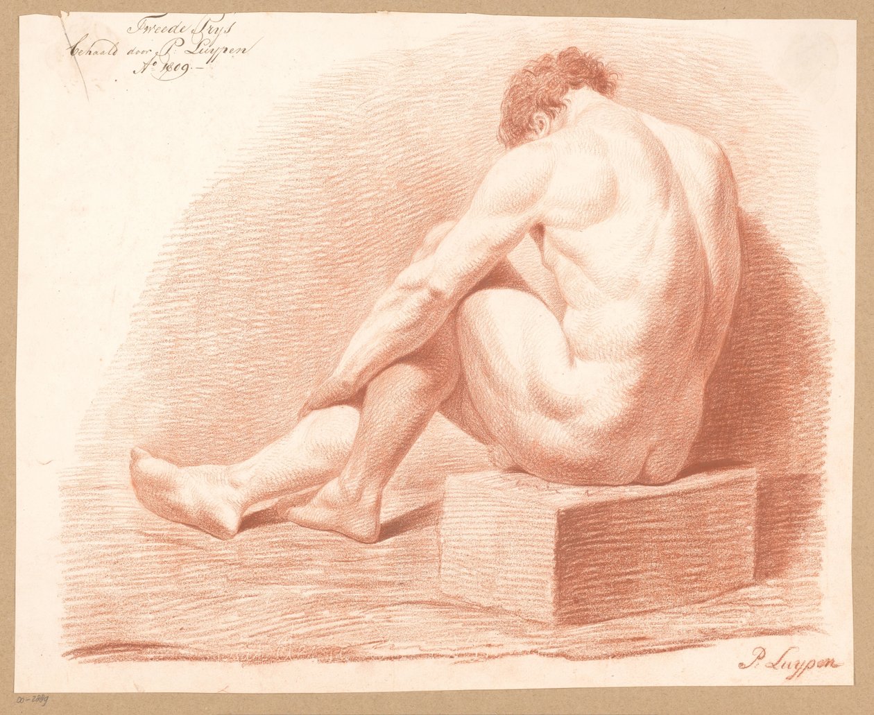 Zittend mannelijk naakt, op de rug gezien (2e prijs 1809) door P. Luypen