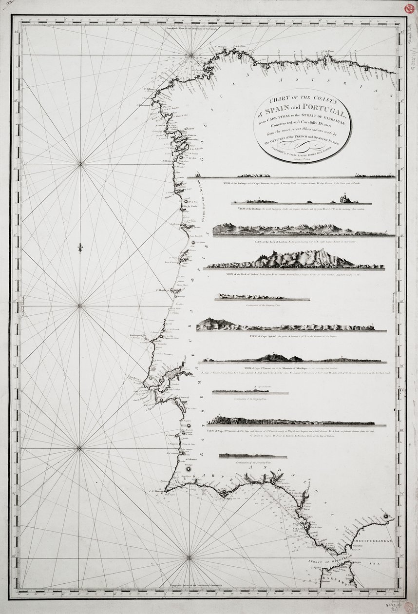 Kaart van de kusten van Spanje en Portugal, van Kaap Pinas tot de Straat van Gibraltar, geconstrueerd en zorgvuldig getekend op basis van de meest recente waarnemingen door de officieren van de Franse en Spaanse marines door P. Steel