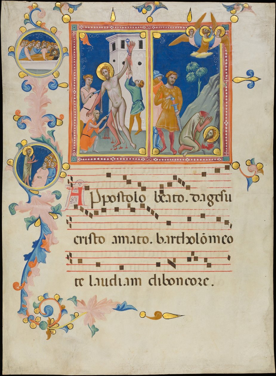 Manuscriptblad met de Martelaarschap van Sint Bartholomeus, uit een Laudario, ca. 1340 door Pacino di Bonaguida
