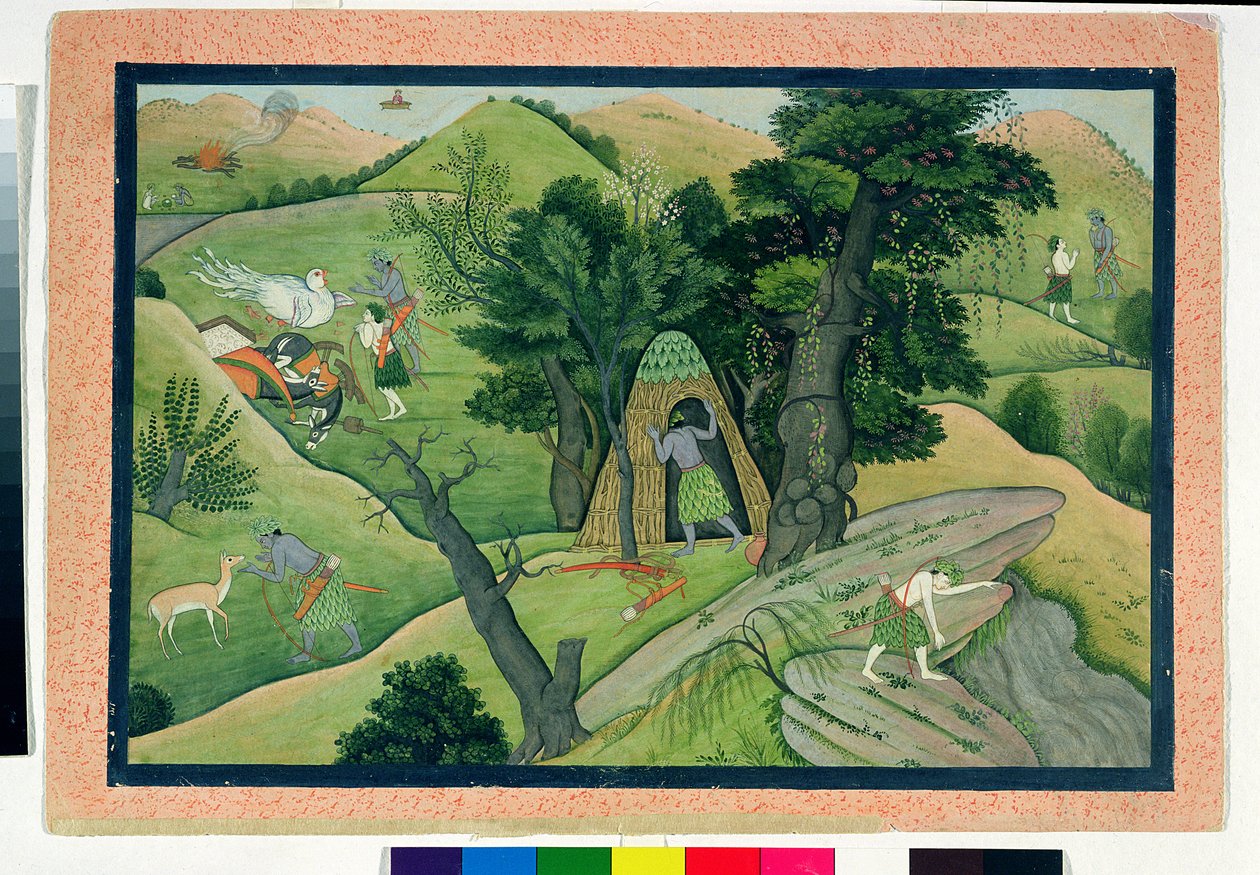 Rama en Lakshmana dwalen rond op zoek naar Sita, uit de Ramayana door Pahari School