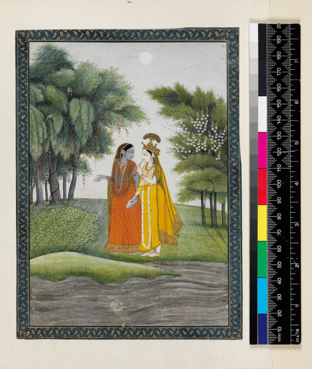 Krishna en Radha wandelen bij de Jumna in het maanlicht na het wisselen van kleding, uit de 