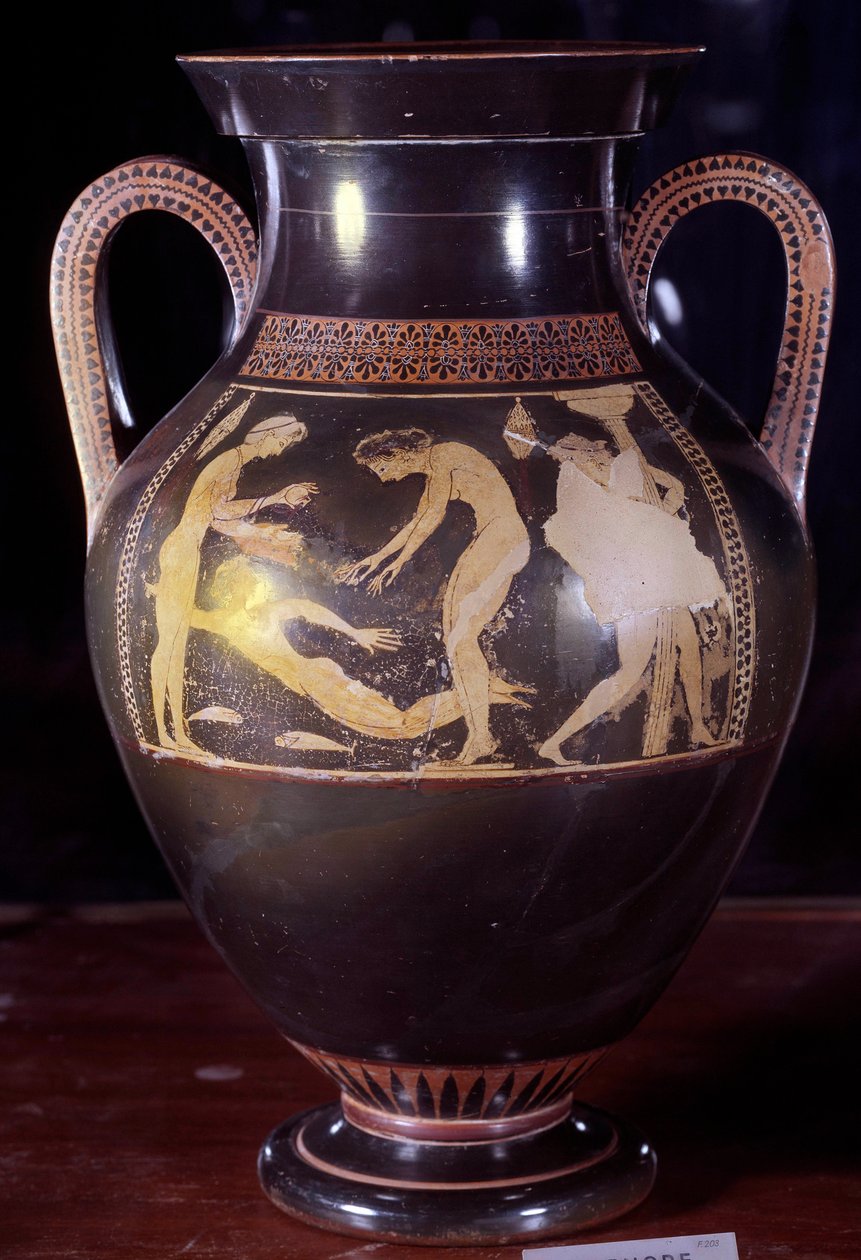 Attische keramische amphora met witte figuren die een vrouw in een badscène voorstellen. Toegeschreven aan Andokides (6e eeuw v.Chr.). Uit Etrurië. 525-520 v.Chr. Dim. 0,4x0,25 m. Parijs, Louvre Museum door Painter Andokides
