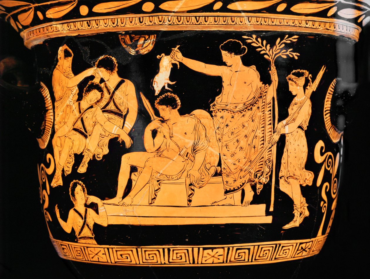 Roodfigurige klok-krater uit Apulië: Apollo zuivert Orestes met het bloed van een big ... door Painter Eumenides