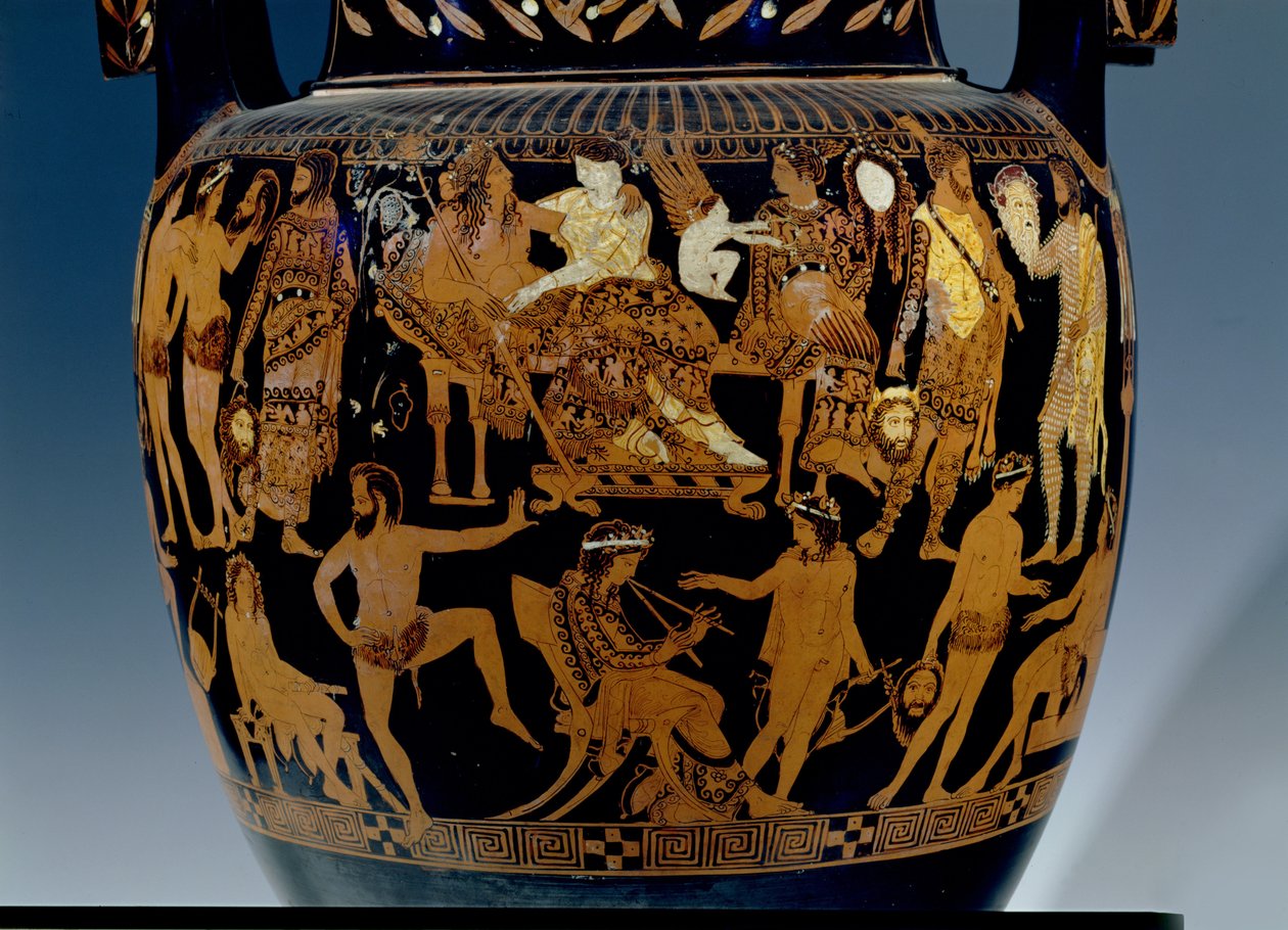 Attische roodfigurige volute-krater, detail van scène van acteurs en muzikanten die zich voorbereiden op een optreden voor Bacchus en Ariadne, Grieks, uit Ruvo, 5e eeuw v.Chr. (keramiek) door Painter Pronomos