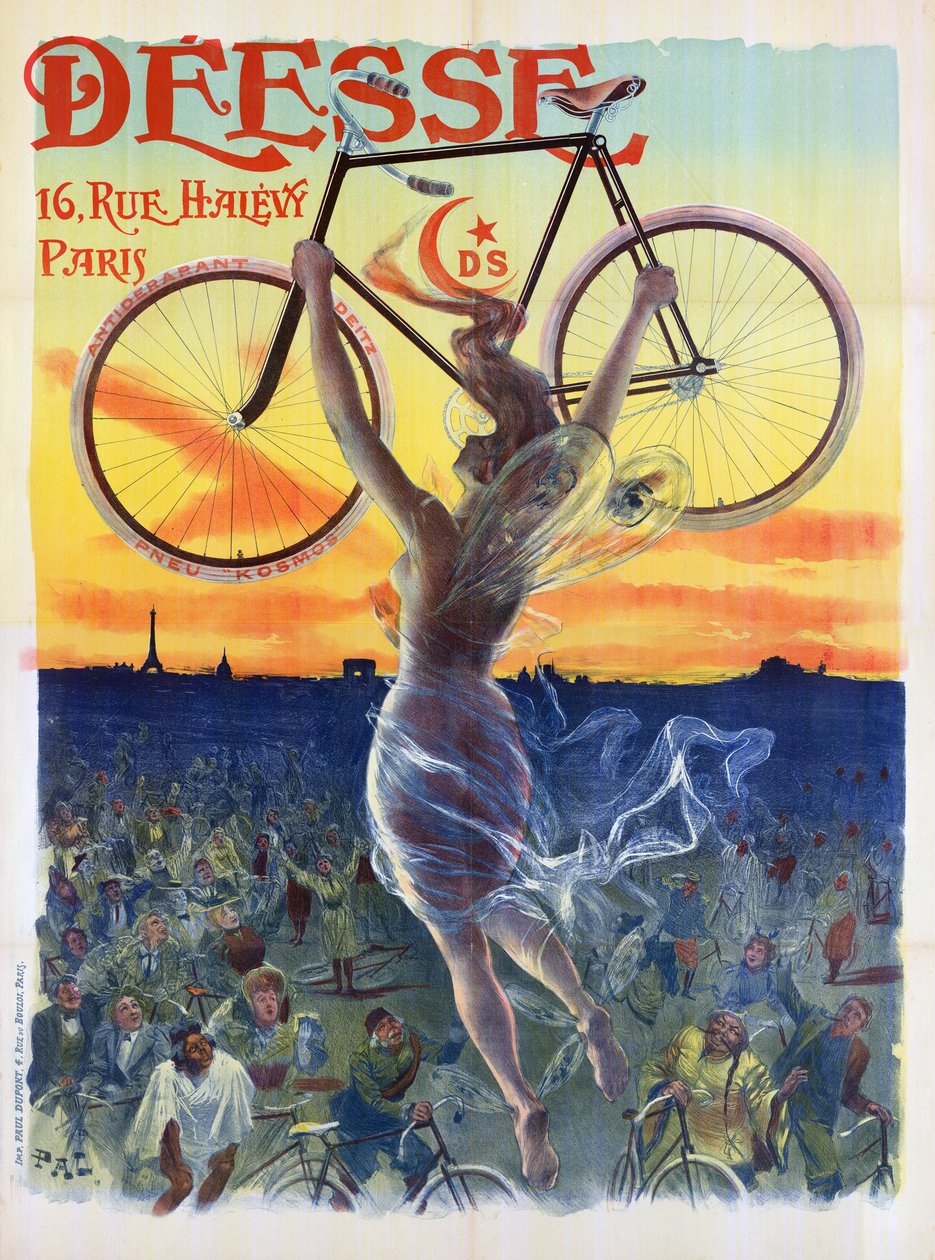 Vintage Franse poster van een godin met een fiets, ca. 1898 door Pal